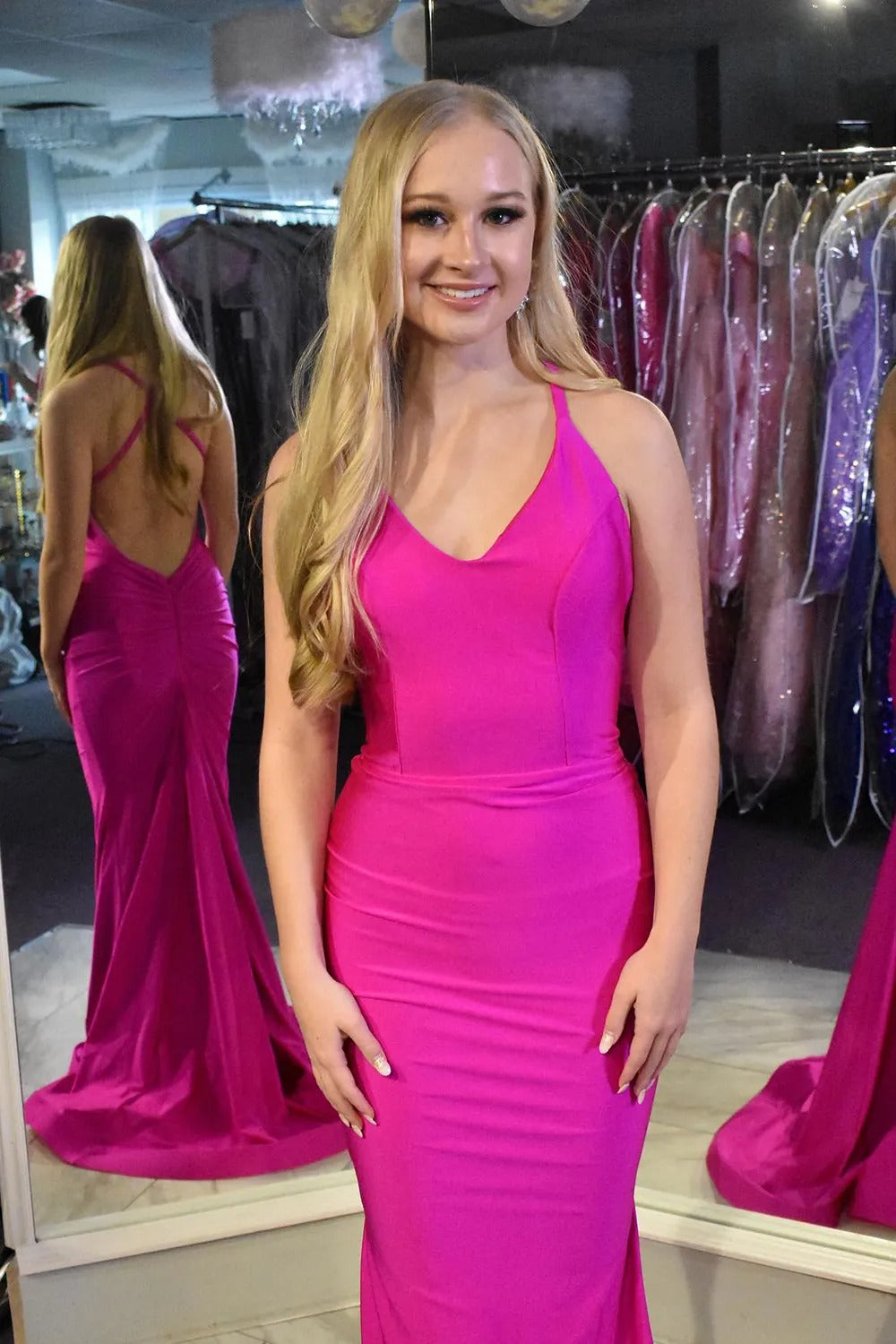 Fuchsia Mermaid V Neck Satin Long Prom Dress