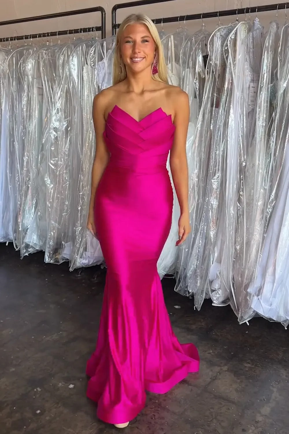 Fuchsia Satin Mermaid Strapless Long Prom Dress