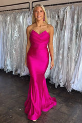 Fuchsia Satin Mermaid Strapless Long Prom Dress