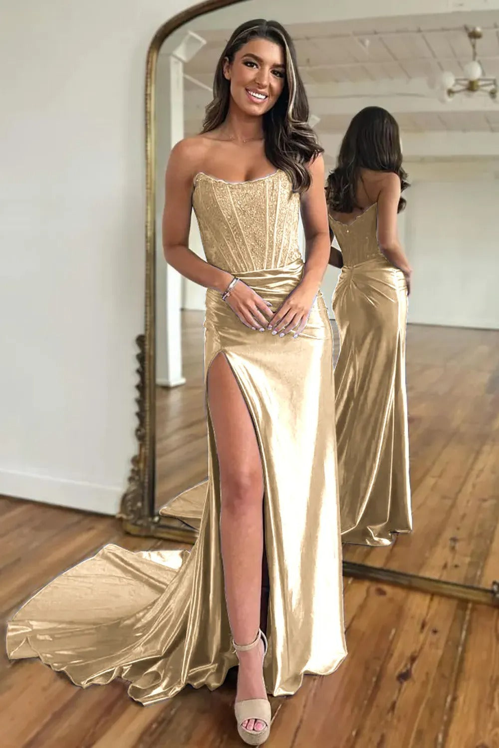 Fuchsia Strapless Corset Mermaid Long Satin Prom Dress