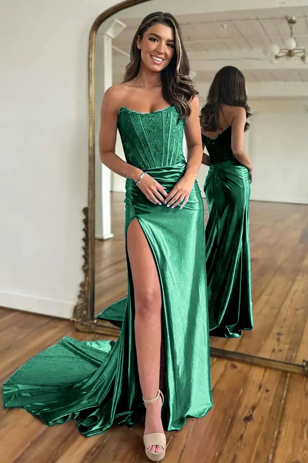 Fuchsia Strapless Corset Mermaid Long Satin Prom Dress