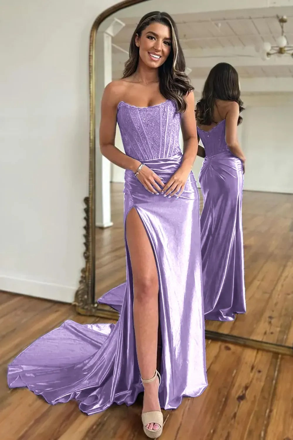 Fuchsia Strapless Corset Mermaid Long Satin Prom Dress