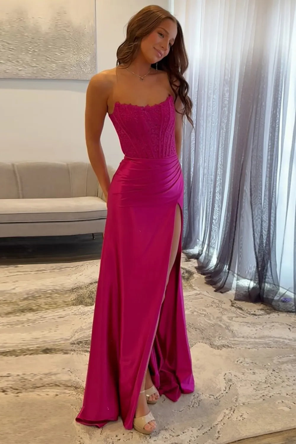 Fuchsia Strapless Corset Mermaid Long Satin Prom Dress