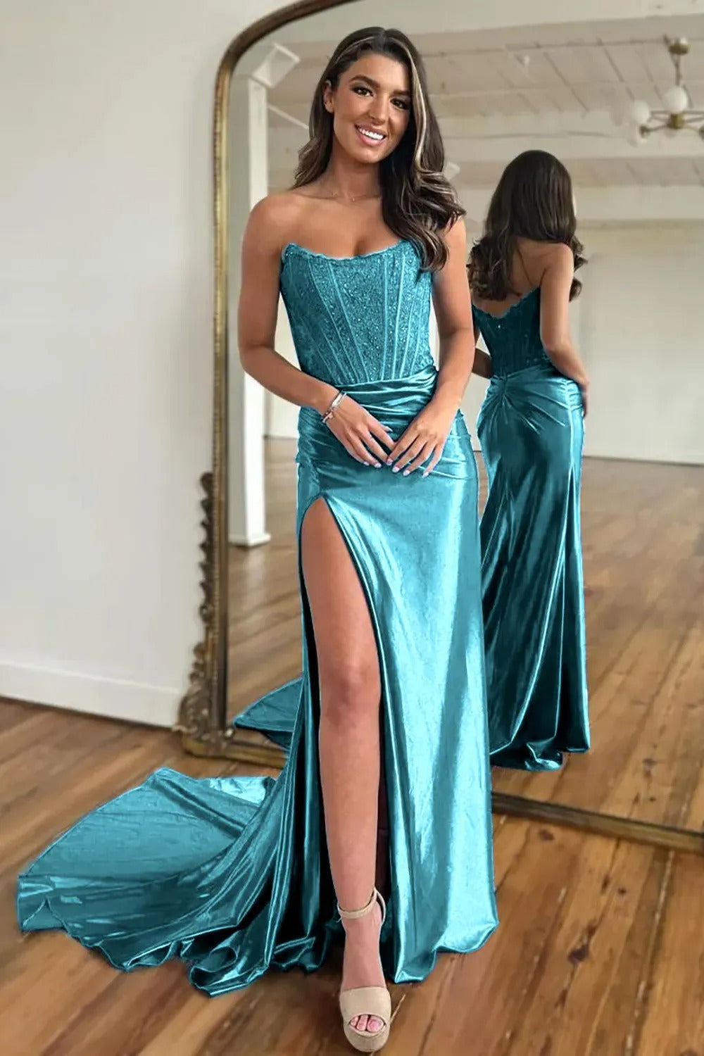Fuchsia Strapless Corset Mermaid Long Satin Prom Dress