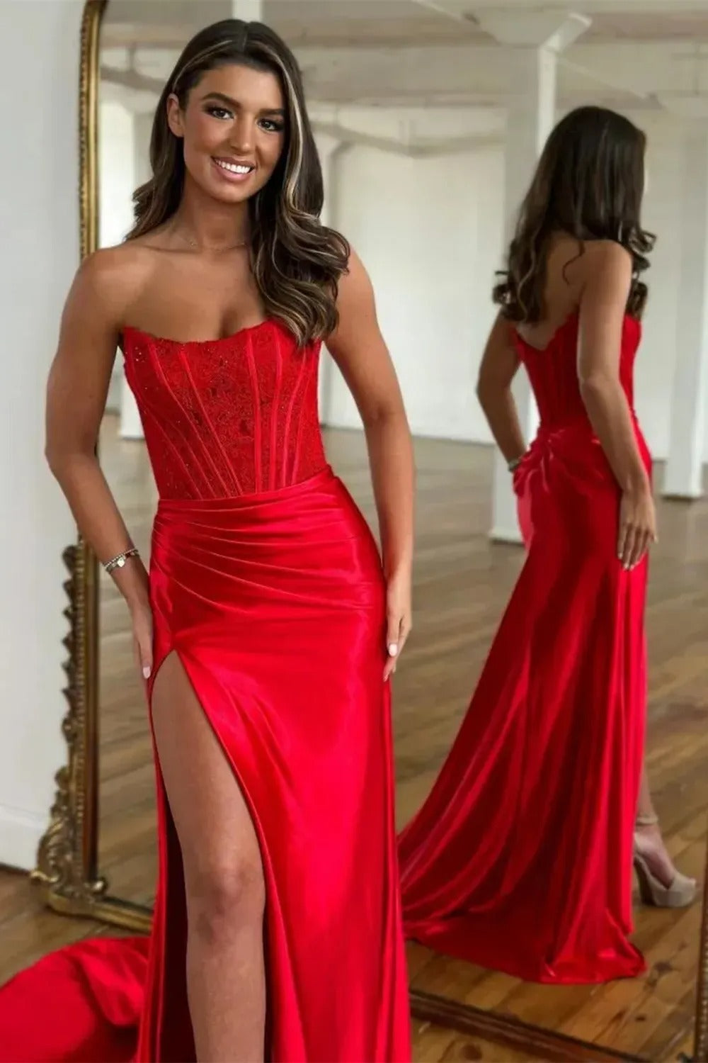 Fuchsia Strapless Corset Mermaid Long Satin Prom Dress