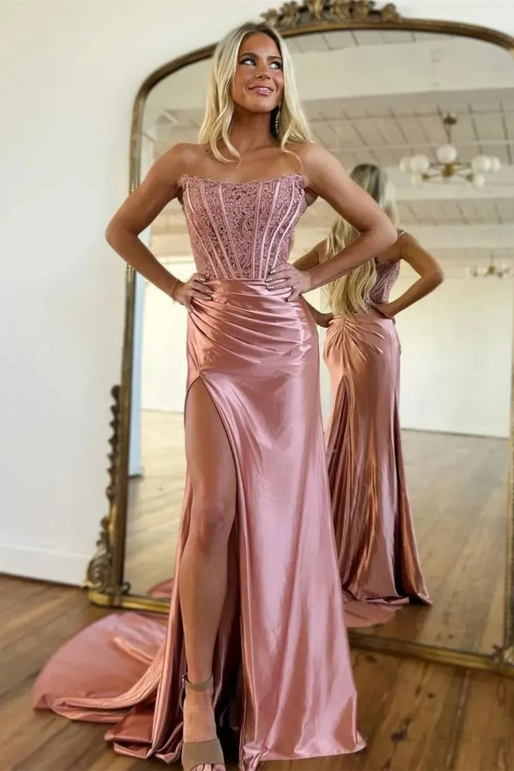 Fuchsia Strapless Corset Mermaid Long Satin Prom Dress