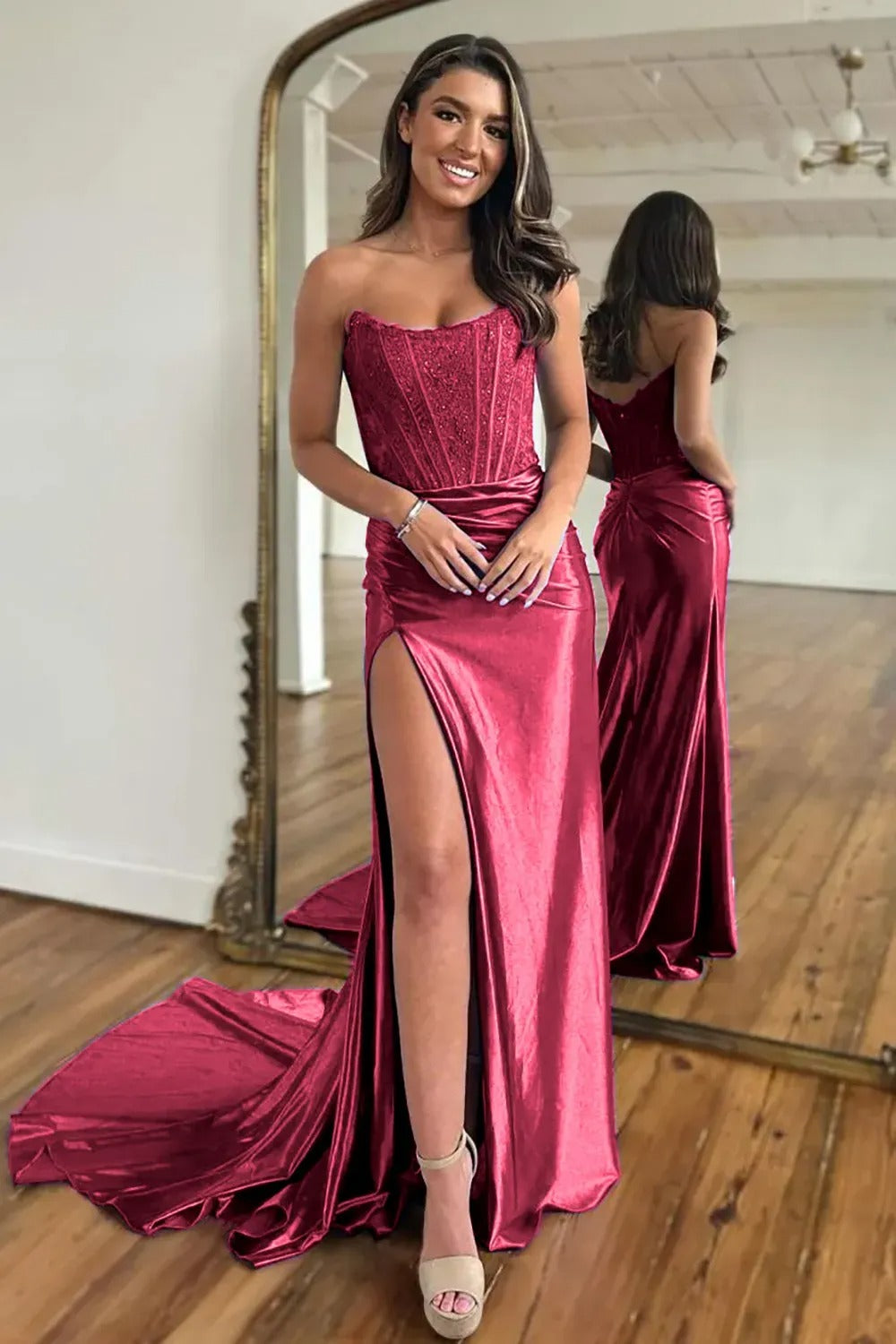 Fuchsia Strapless Corset Mermaid Long Satin Prom Dress