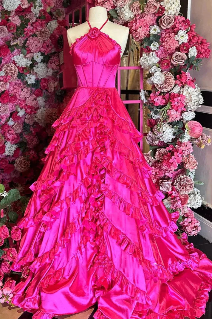 Fuchsia A Line Halter Tiered Ruffles Satin Long Prom Dress