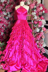 Fuchsia A Line Halter Tiered Ruffles Satin Long Prom Dress