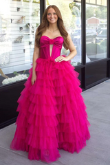 Shiny A-Line Fuchsia Strapless Tiered Ruffle Elegant Prom Gown