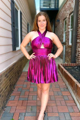 Fuchsia Halter Keyhole A-Line Metallic Short Homecoming Dress