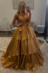 Fuchsia Strapless A-Line Organza Long Corset Prom Dress with Bow