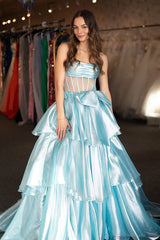 Fuchsia Strapless A-Line Organza Long Corset Prom Dress with Bow
