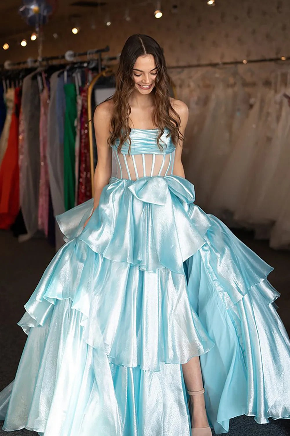 Fuchsia Strapless A-Line Organza Long Corset Prom Dress with Bow
