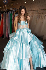 Fuchsia Strapless A-Line Organza Long Corset Prom Dress with Bow