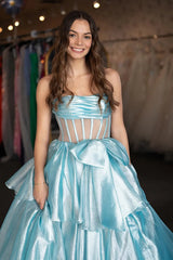Fuchsia Strapless A-Line Organza Long Corset Prom Dress with Bow