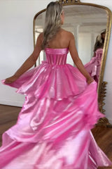 Fuchsia Strapless A-Line Organza Long Corset Prom Dress with Bow