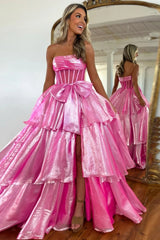Fuchsia Strapless A-Line Organza Long Corset Prom Dress with Bow