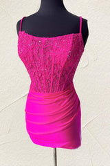 Fuchsia Stylish Spaghetti Straps Corset Bodycon Satin Cocktail Dress