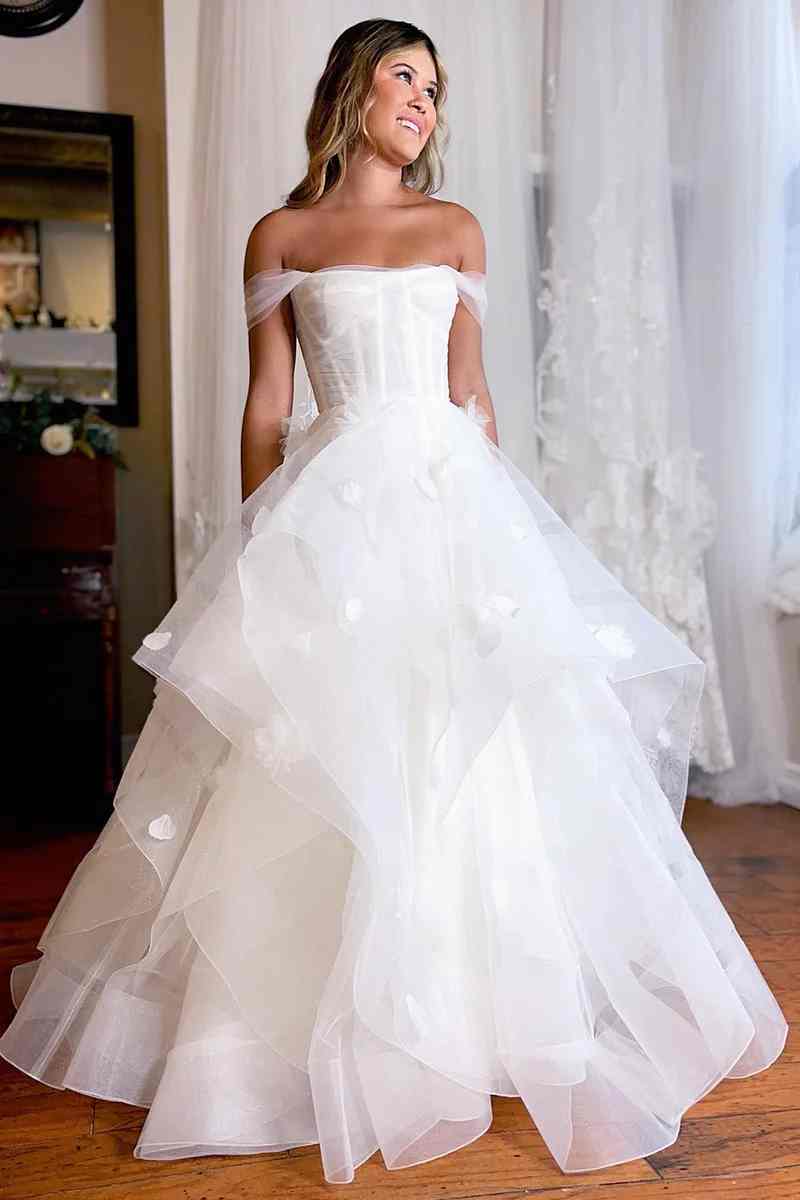 Princess Off the Shoulder A-Line Lace Long Wedding Dress with Petals