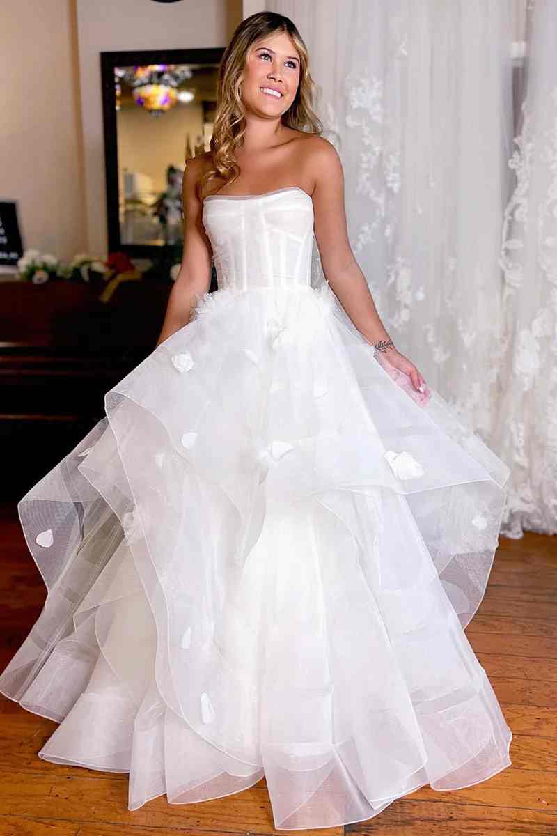 Princess Strapless A-Line Lace Long Wedding Dress with Petals