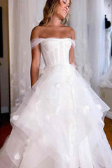 White Princess Off the Shoulder A-Line Lace Long Wedding Dress with Petals