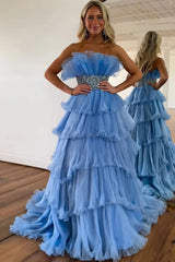 Glitter Blush A-Line Tulle Tiered Long Prom Dress with Ruffles