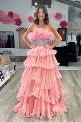 Glitter Blush A-Line Tulle Tiered Long Prom Dress with Ruffles