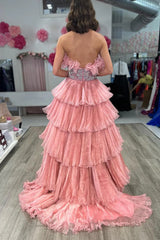 Glitter Blush A-Line Tulle Tiered Long Prom Dress with Ruffles