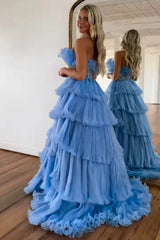 Glitter Blush A-Line Tulle Tiered Long Prom Dress with Ruffles