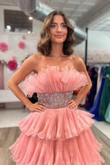 Glitter Blush A-Line Tulle Tiered Long Prom Dress with Ruffles