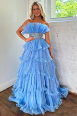 Glitter Blush A-Line Tulle Tiered Long Prom Dress with Ruffles
