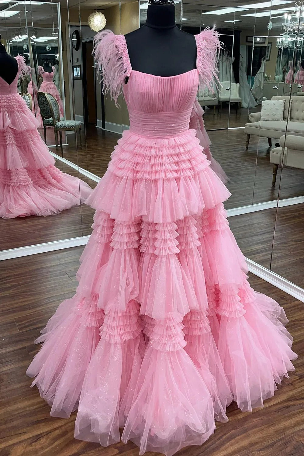 Glitter Pink Spaghetti Straps Appliques Tiered Long Prom Dress with Slit