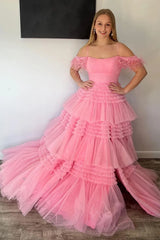 Glitter Pink Spaghetti Straps Appliques Tiered Long Prom Dress with Slit