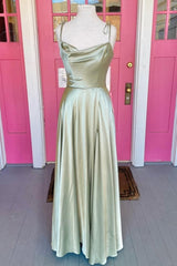 Bright Green Spaghetti Straps Column Satin Backless Long Prom Dress