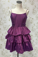 Grape Tiered Spaghetti Straps A-Line Sleeveless Short Homecoming Dress
