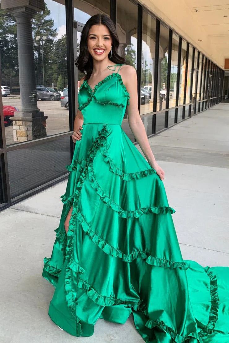 Green A-Line V-Neck Satin Ruffled Long Prom Dress