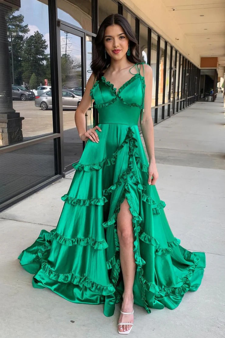 Green A-Line V-Neck Satin Ruffled Long Prom Dress