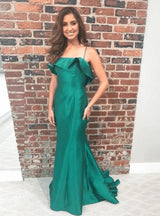 Green Spaghetti Straps Mermaid Satin Long Prom Dress with Ruffles