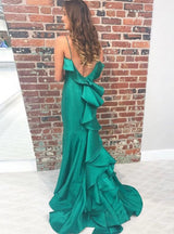Green Spaghetti Straps Mermaid Satin Long Prom Dress with Ruffles