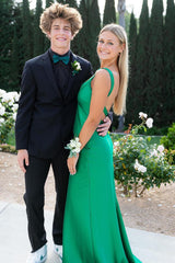Green Spaghetti Straps Sheath Satin Long Prom Dress