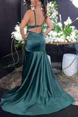 Dark Green Staghetti Straps Satin Long Prom Dress with Slit