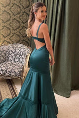 Dark Green Staghetti Straps Satin Long Prom Dress with Slit