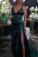 Dark Green Staghetti Straps Satin Long Prom Dress with Slit