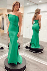Green Strapless Ruched Mermaid Long Prom Dress