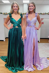Green V-Neck A Line Metallic Cut-Out Pleated Long Prom Dress with Slit