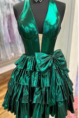 Green Honorable Halter Tiered Short A-Line Metallic Homecoming Dress