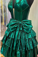 Green Honorable Halter Tiered Short A-Line Metallic Homecoming Dress