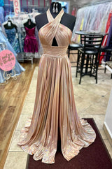 Halter Metallic Fuchsia Keyhole Ruched Long Prom Dress