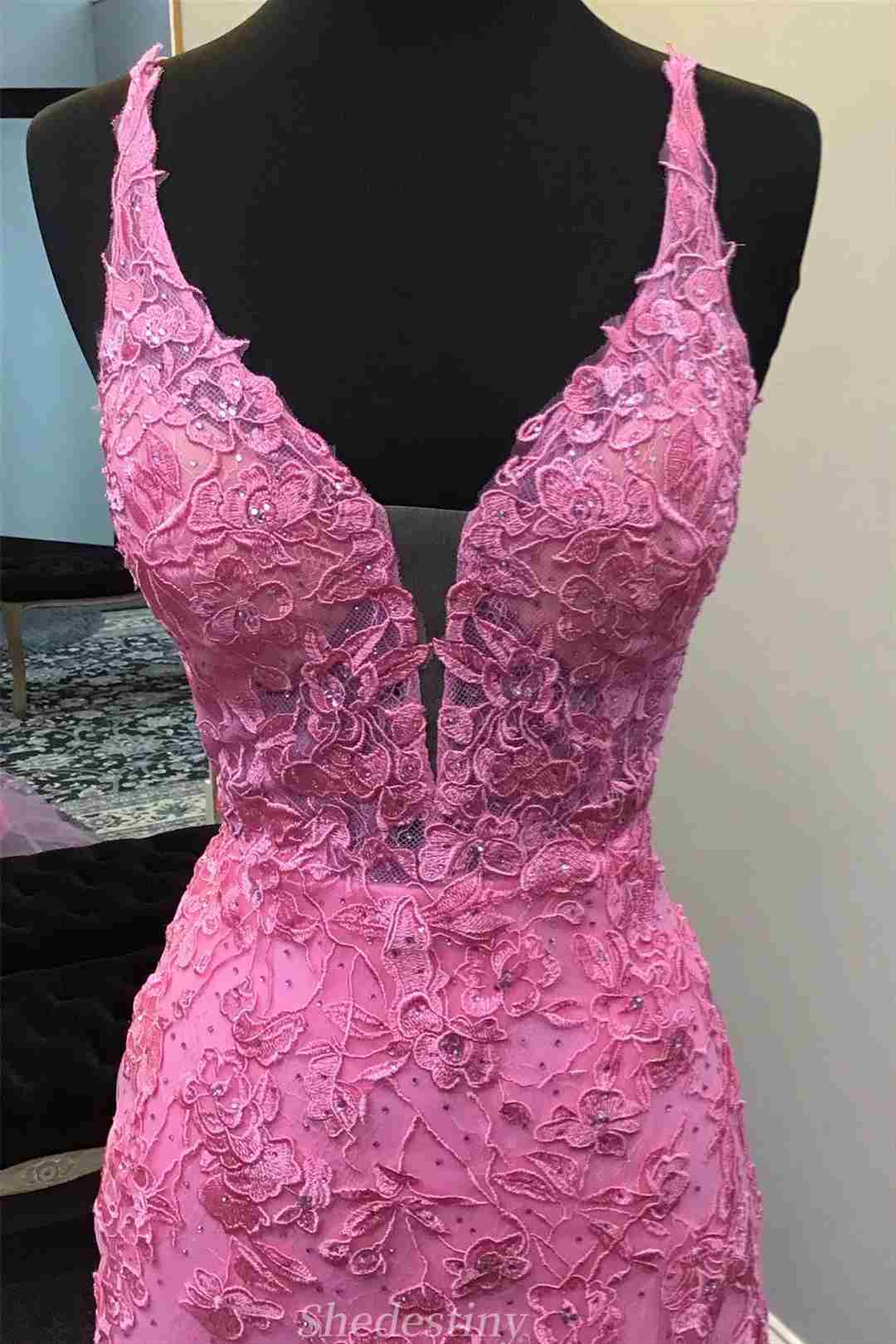 Lace-Up Mermaid V-Neck Hot Pink Applique Prom Dress with Rhinestone